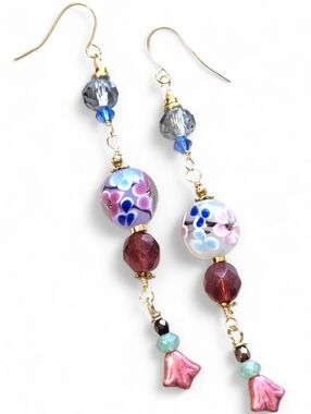 Long 3" Linear Dangle Earrings Flower Lampwork Swarovski Czech Gold Pink Blue